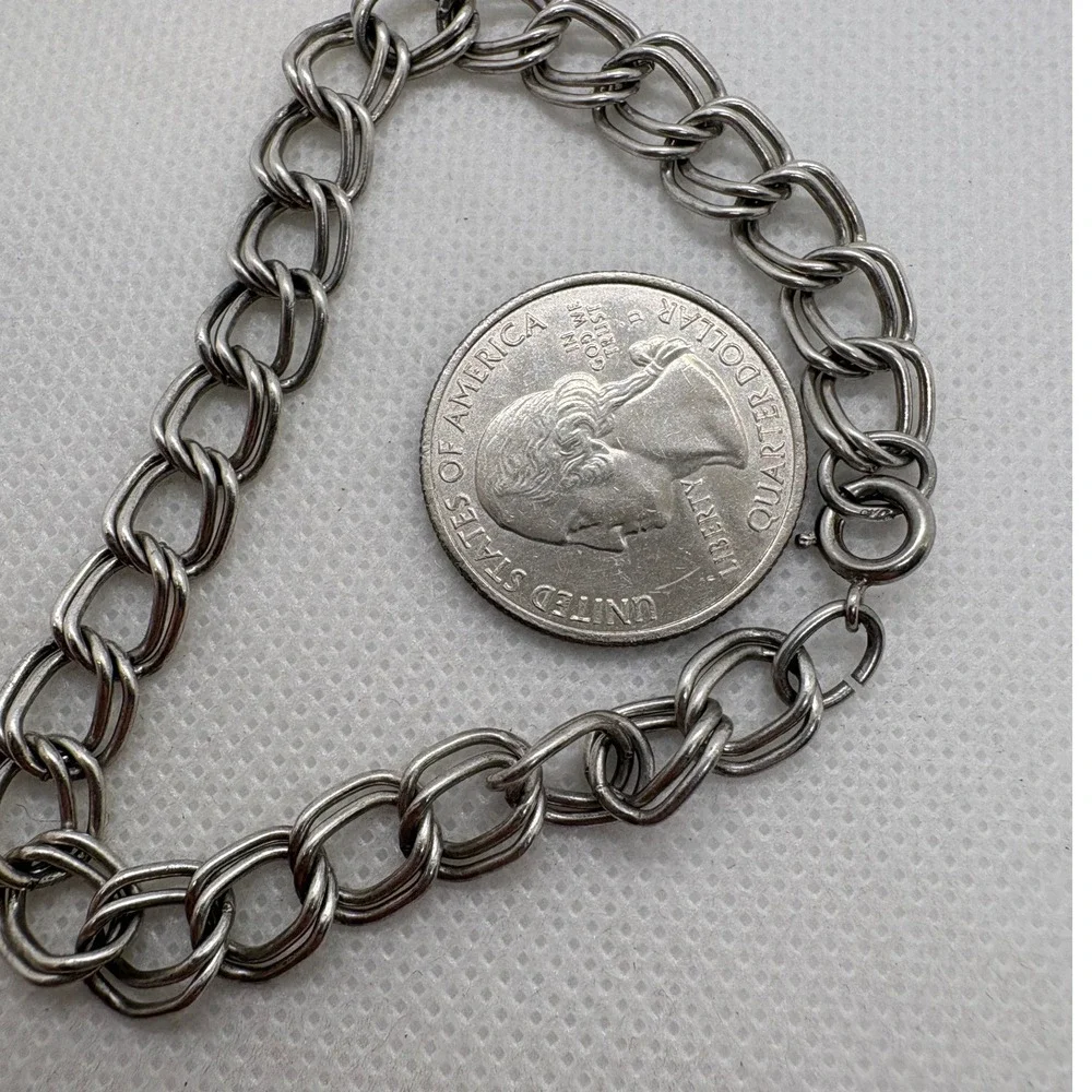 Vintage Sterling Silver Double Link Charm Bracelet 7 Inch 9.18g 925 Chain